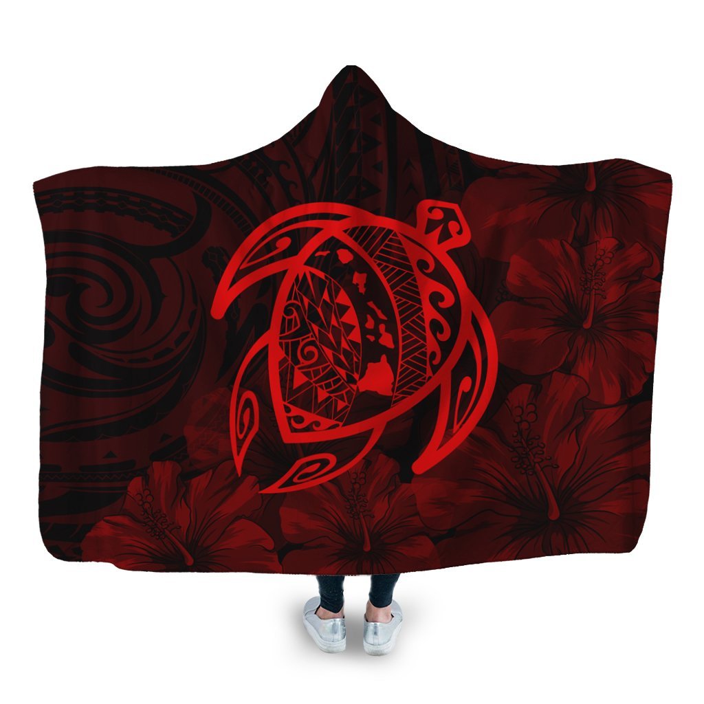 Hawaiian Map Turtle Kanaka Hibiscus Polynesian Hooded Blanket - Red - AH Hooded Blanket White - Polynesian Pride