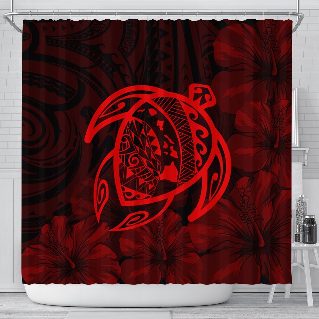 Hawaiian Map Turtle Kanaka Hibiscus Polynesian Shower Curtain - Red - AH 177 x 172 (cm) Black - Polynesian Pride