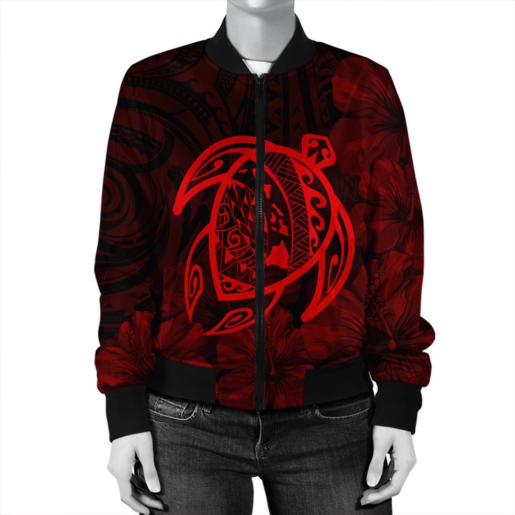 Hawaiian Map Turtle Kanaka Hibiscus Polynesian Bomber Jacket - Red - AH - Polynesian Pride