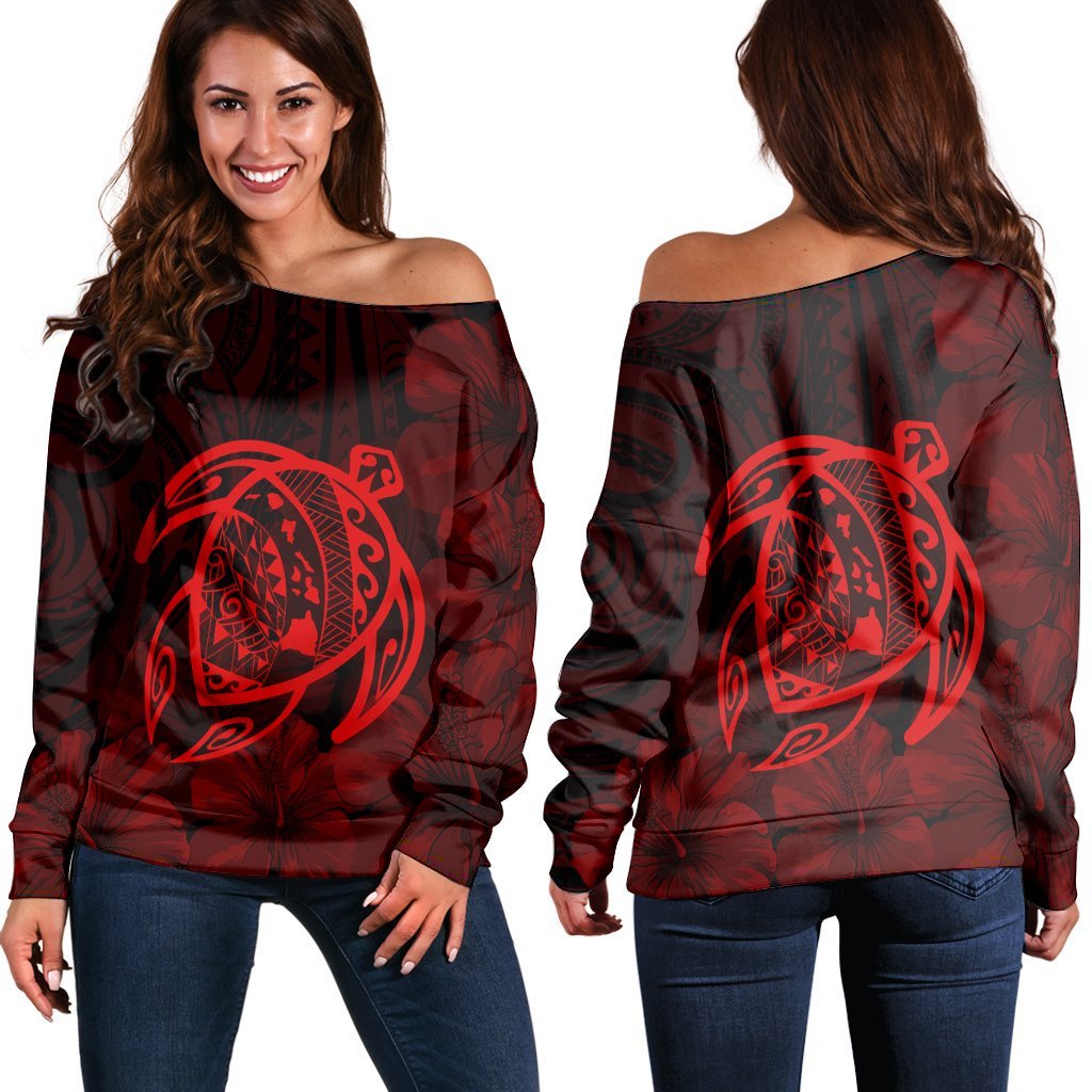 Hawaiian Map Turtle Kanaka Hibiscus Polynesian Women's Off Shoulder Sweater - Red - AH Black - Polynesian Pride