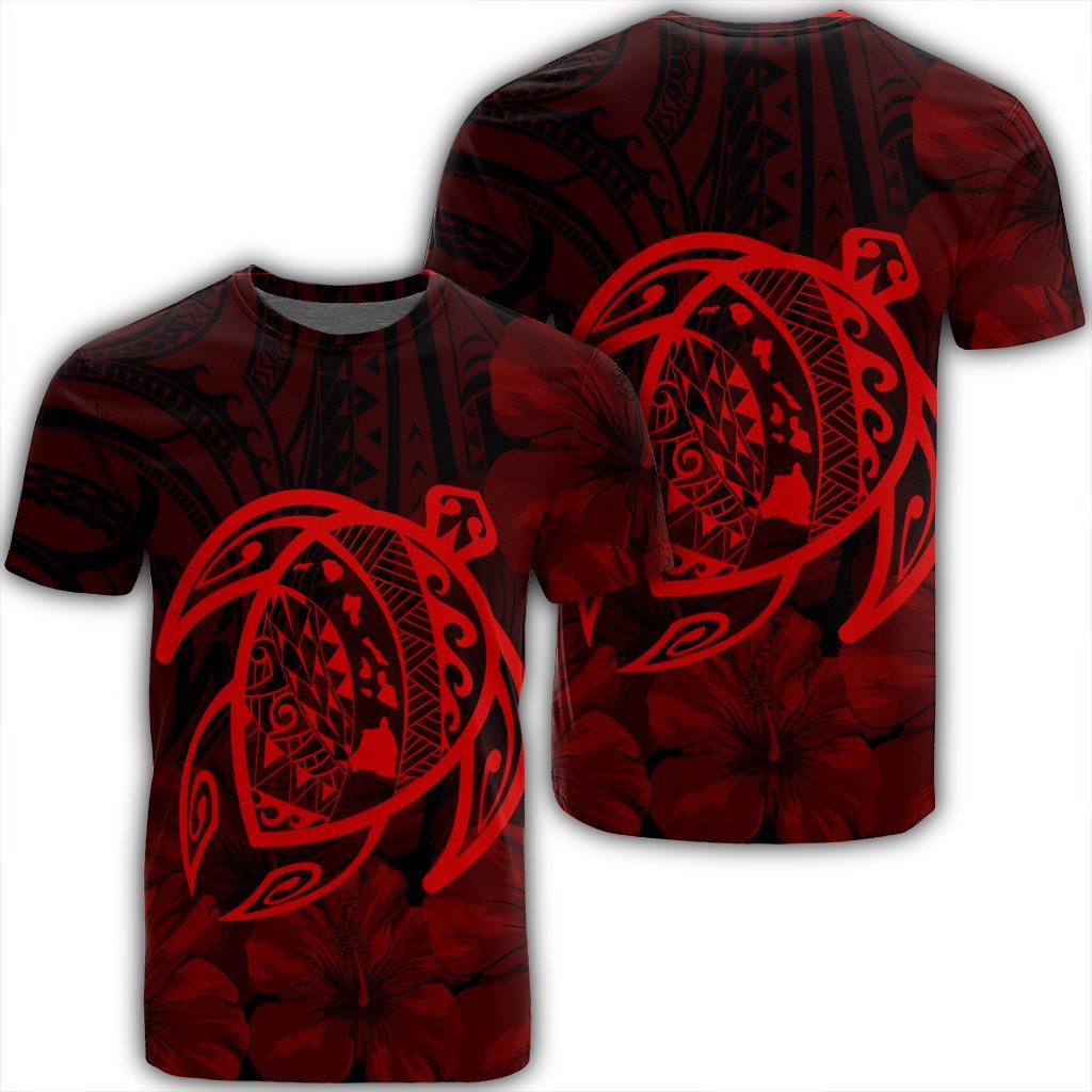 Hawaiian Map Turtle Kanaka Hibiscus Polynesian T Shirt Red AH Unisex Black - Polynesian Pride