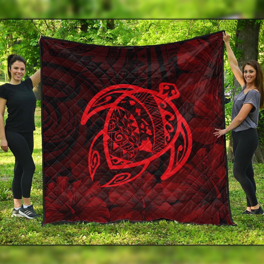 Hawaiian Map Turtle Kanaka Hibiscus Polynesian Premium Quilts - Red - AH Black - Polynesian Pride