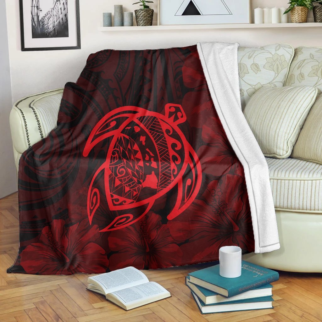 Hawaiian Map Turtle Kanaka Hibiscus Polynesian Premium Blankets - Red - AH White - Polynesian Pride