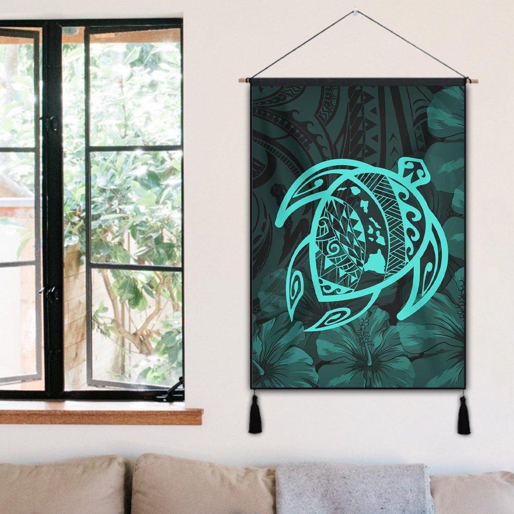 Hawaiian Map Turtle Kanaka Hibiscus Polynesian Hanging Poster - Turquoise - AH - Polynesian Pride