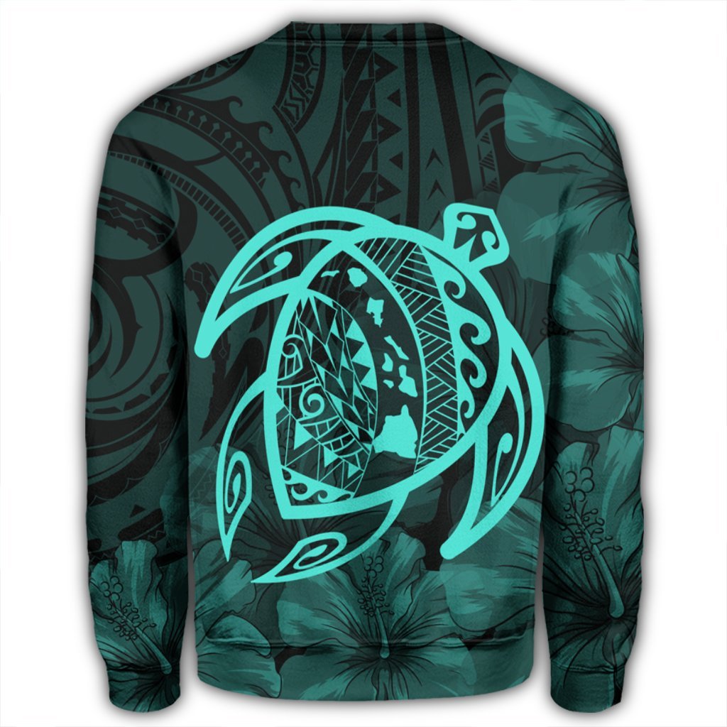 Hawaiian Map Turtle Kanaka Hibiscus Polynesian Sweatshirt - Turquoise - AH - Polynesian Pride