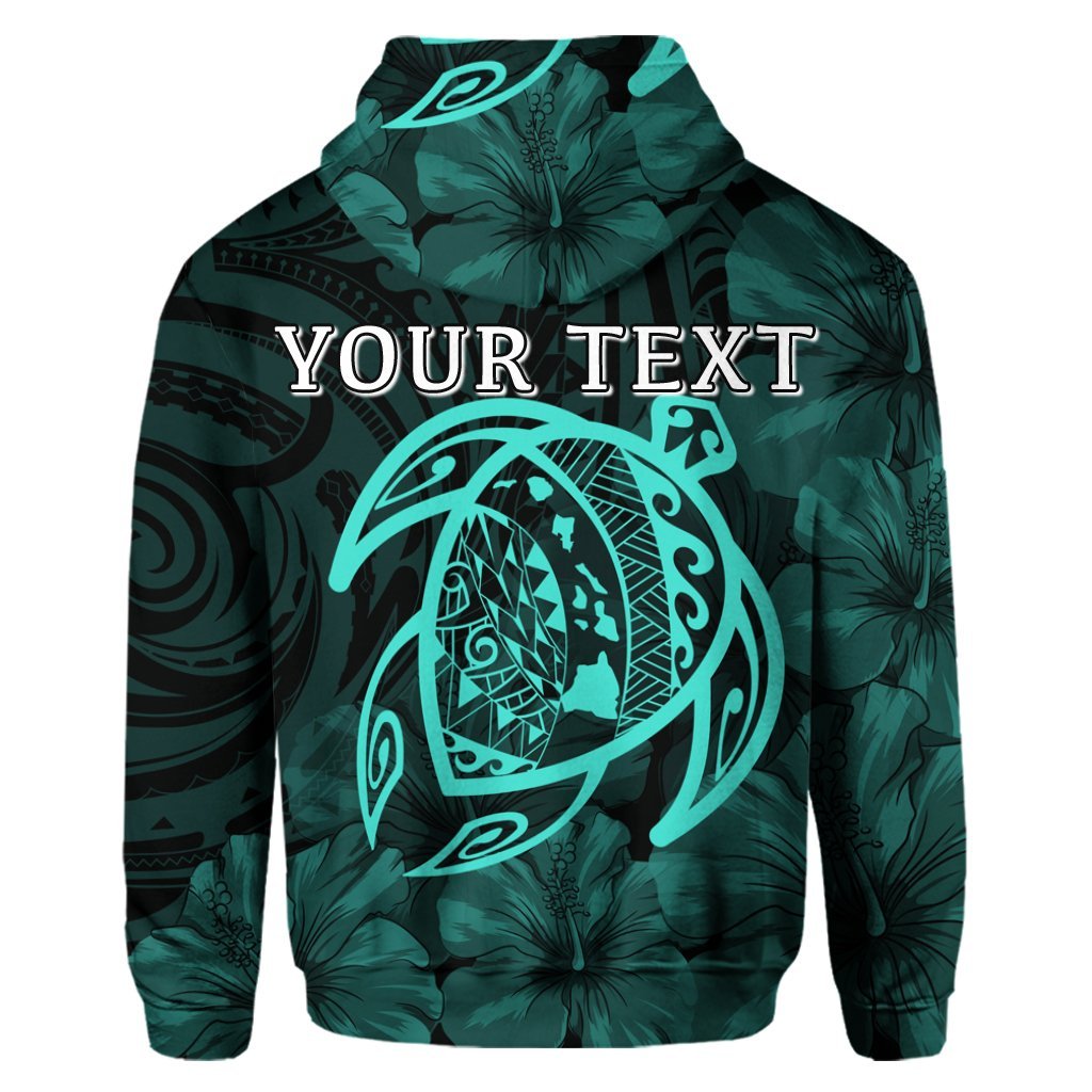 Custom Hawaiian Map Turtle Kanaka Hibiscus Polynesian Hoodie Turquoise - Polynesian Pride