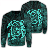 Hawaiian Map Turtle Kanaka Hibiscus Polynesian Sweatshirt - Turquoise - AH Unisex Black - Polynesian Pride