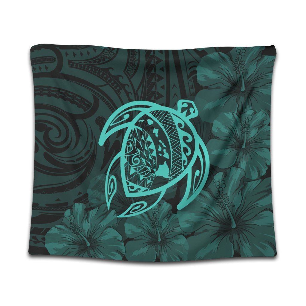 Hawaiian Map Turtle Kanaka Hibiscus Polynesian Tapestry - Turquoise - AH Wall Tapestry Black - Polynesian Pride