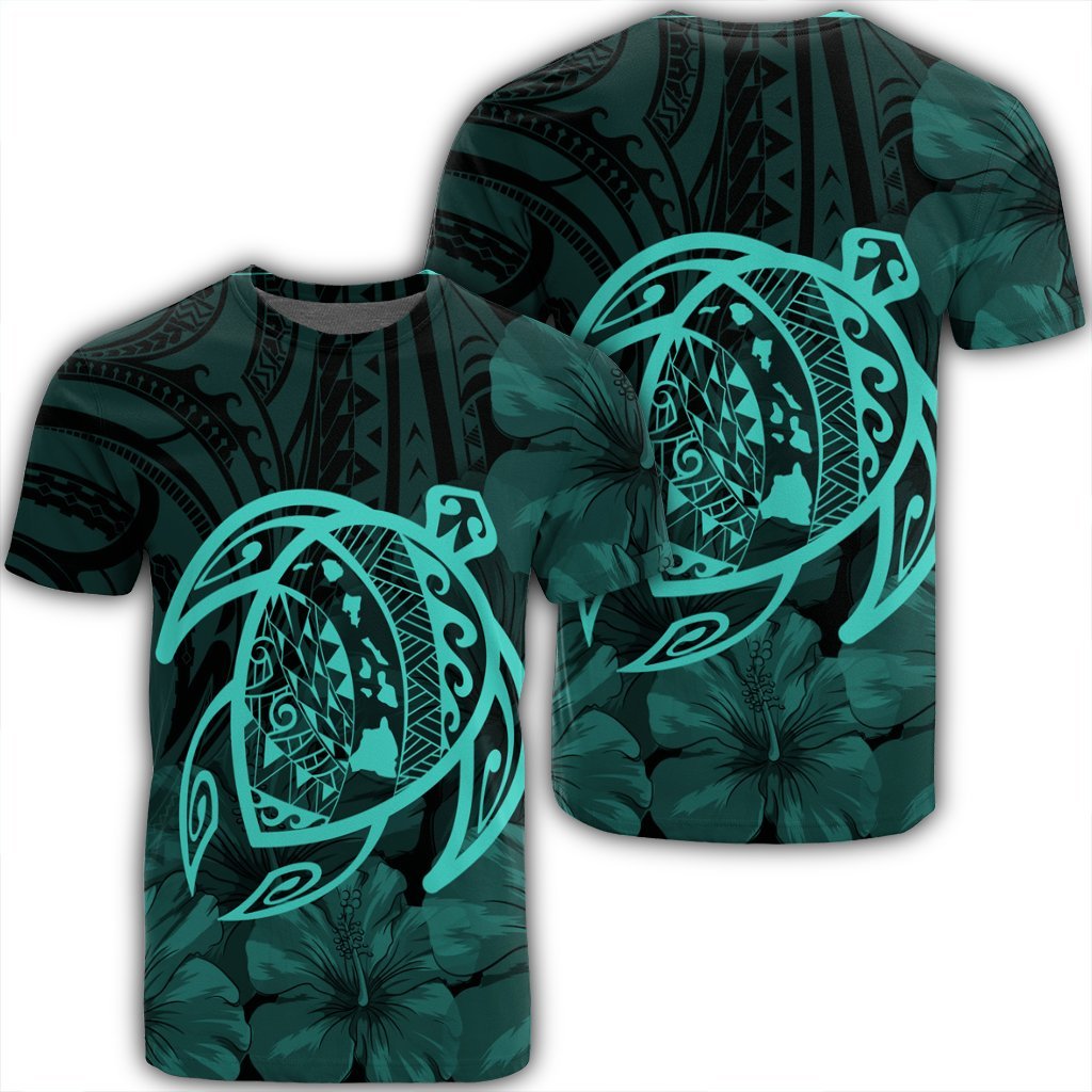 Hawaiian Map Turtle Kanaka Hibiscus Polynesian T Shirt Turquoise AH Unisex Black - Polynesian Pride