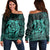 Hawaiian Map Turtle Kanaka Hibiscus Polynesian Women's Off Shoulder Sweater - Turquoise - AH Black - Polynesian Pride