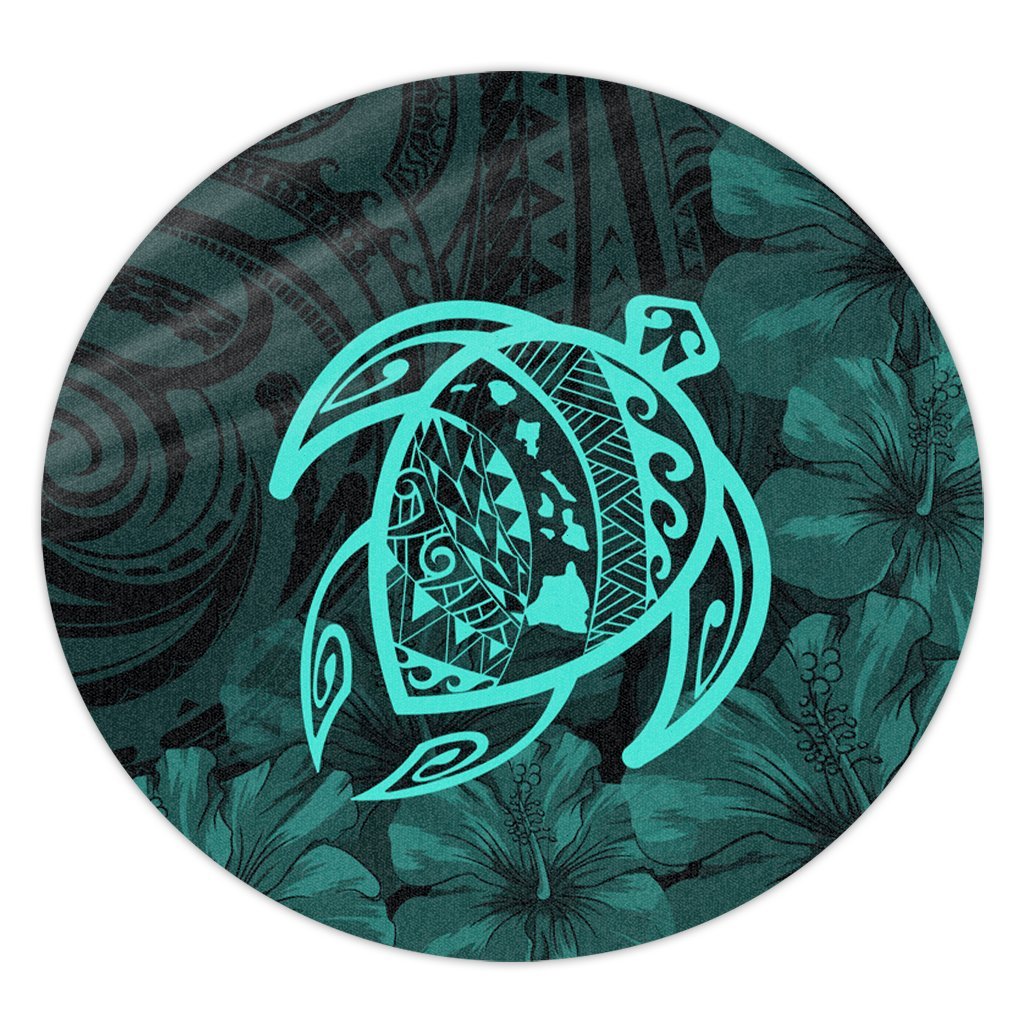 Hawaiian Map Turtle Kanaka Hibiscus Polynesian Round Carpet - Turquoise - AH Round Carpet Luxurious Plush - Polynesian Pride