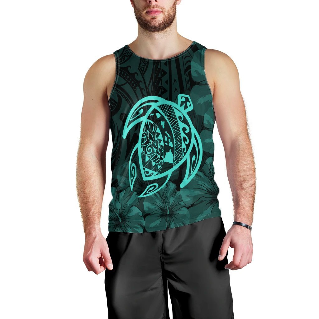 Hawaiian Map Turtle Kanaka Hibiscus Polynesian Tank Top - Turquoise - AH Black - Polynesian Pride