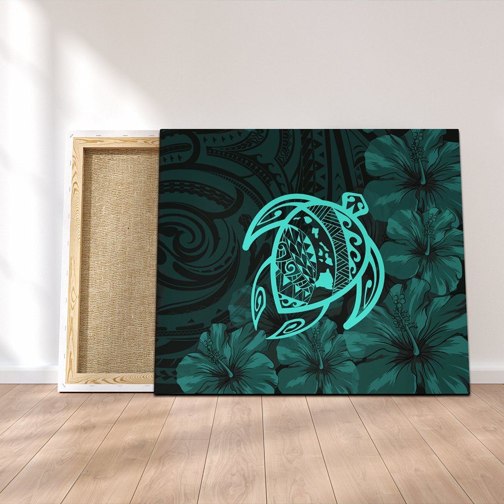 Hawaiian Map Turtle Kanaka Hibiscus Polynesian Canvas - Turquoise - AH Canvas Poly-cotton - Polynesian Pride