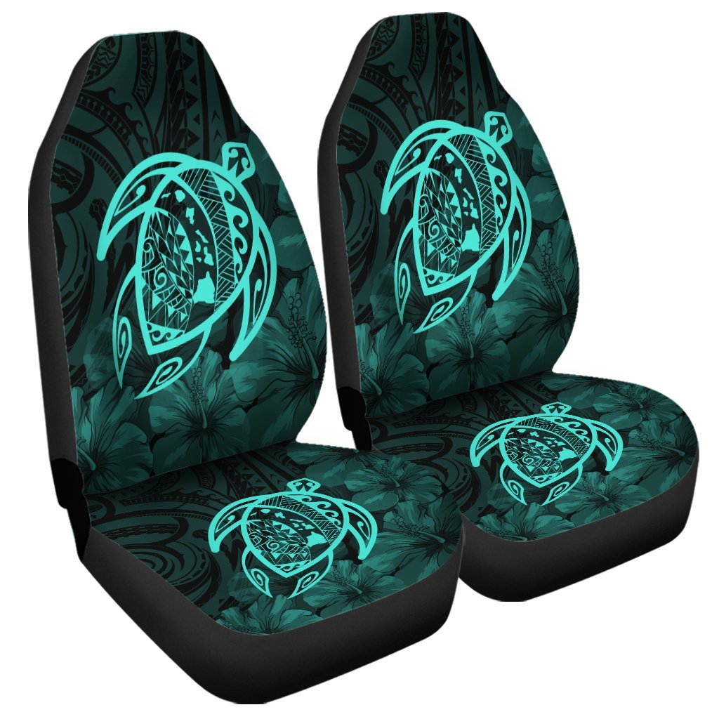 Hawaiian Map Turtle Kanaka Hibiscus Polynesian Car Seat Covers - Turquoise - AH Universal Fit Black - Polynesian Pride