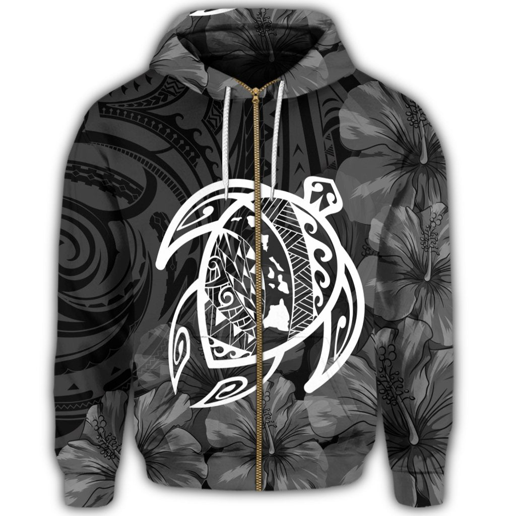 Hawaiian Map Turtle Kanaka Hibiscus Polynesian Zip Hoodie White - Polynesian Pride