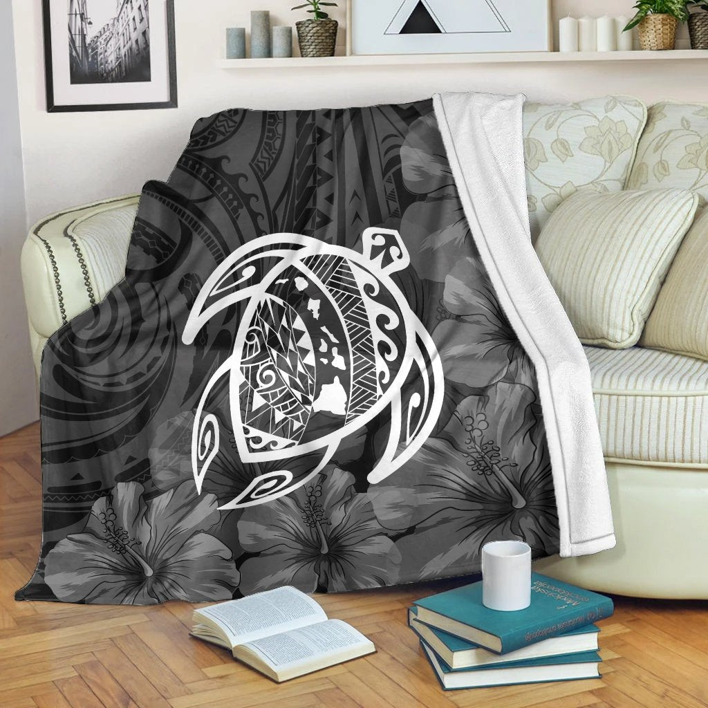 Hawaiian Map Turtle Kanaka Hibiscus Polynesian Premium Blankets - White - AH White - Polynesian Pride