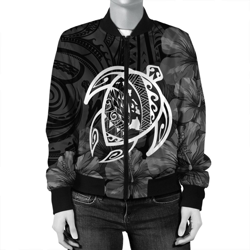 Hawaiian Map Turtle Kanaka Hibiscus Polynesian Bomber Jacket - White - AH - Polynesian Pride