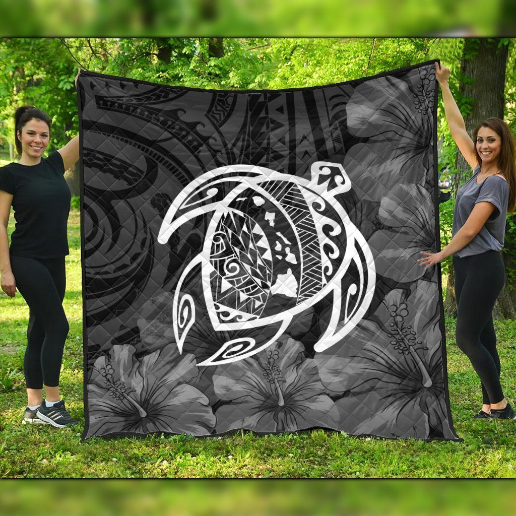 Hawaiian Map Turtle Kanaka Hibiscus Polynesian Premium Quilts - White - AH Black - Polynesian Pride