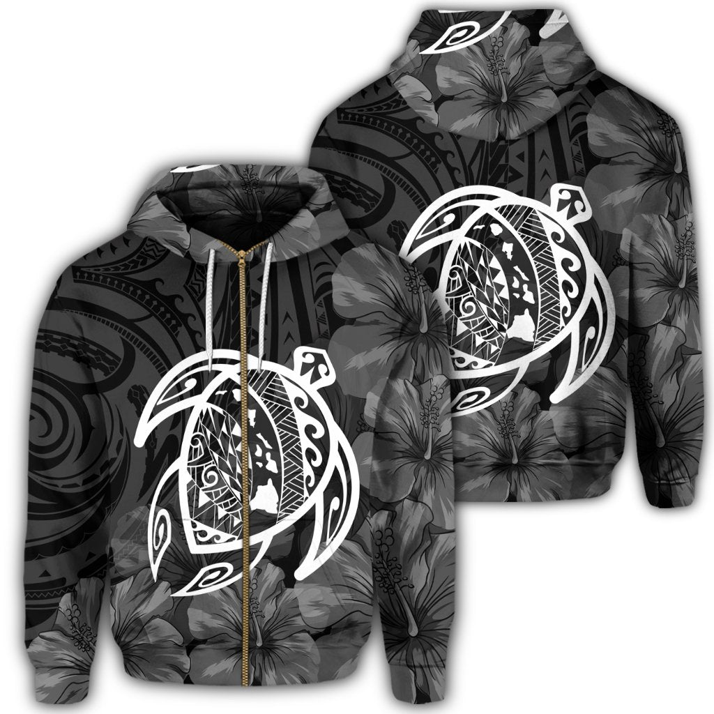 Hawaiian Map Turtle Kanaka Hibiscus Polynesian Zip Hoodie White Unisex Art - Polynesian Pride