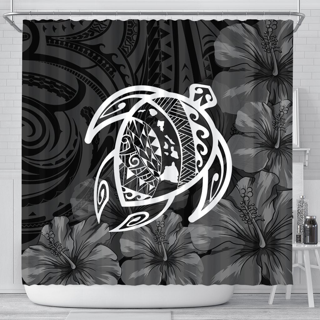 Hawaiian Map Turtle Kanaka Hibiscus Polynesian Shower Curtain - White - AH 177 x 172 (cm) Black - Polynesian Pride