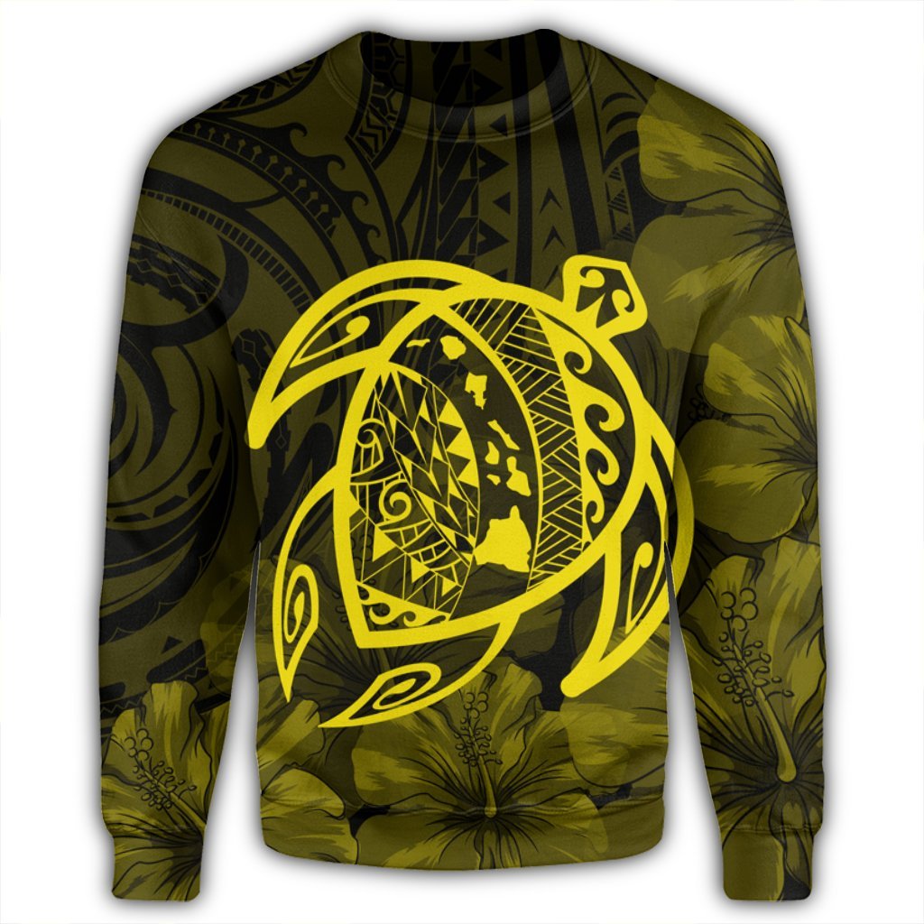 Hawaiian Map Turtle Kanaka Hibiscus Polynesian Sweatshirt - Yellow - AH - Polynesian Pride