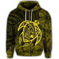 Hawaiian Map Turtle Kanaka Hibiscus Polynesian Zip Hoodie Yellow - Polynesian Pride