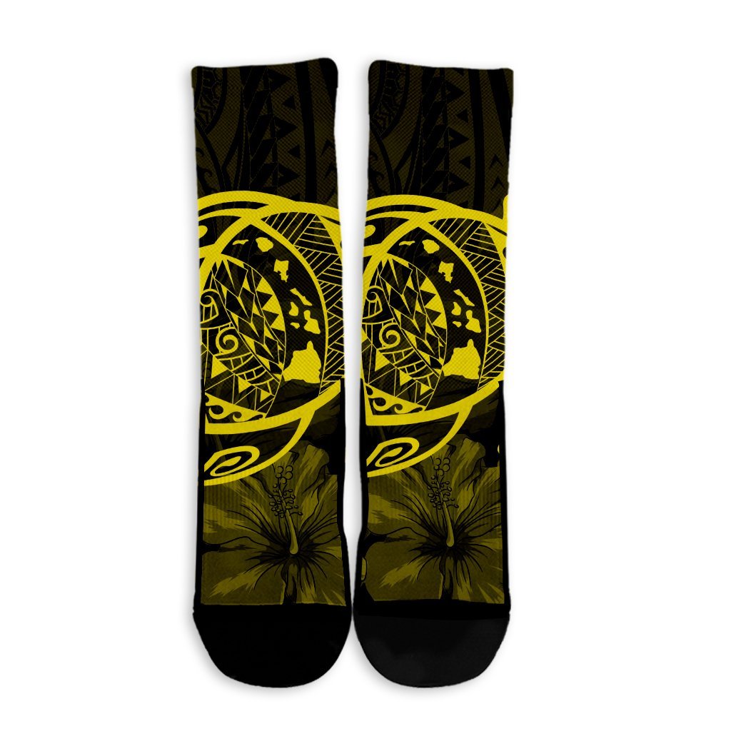 Hawaiian Map Turtle Kanaka Hibiscus Polynesian Crew Socks - Yellow - AH - Polynesian Pride
