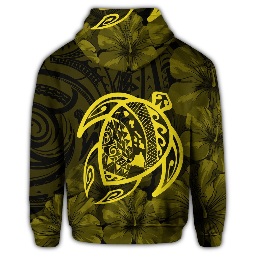 Hawaiian Map Turtle Kanaka Hibiscus Polynesian Zip Hoodie Yellow - Polynesian Pride