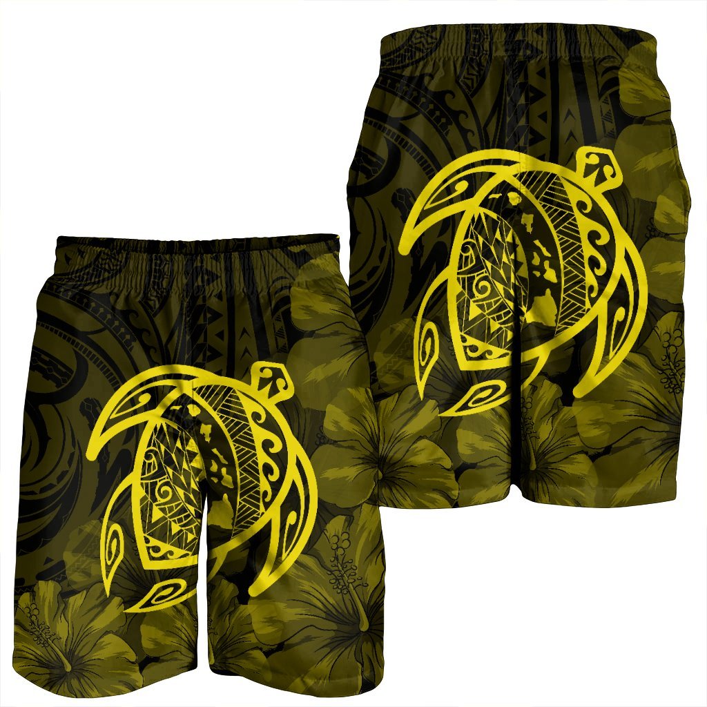 Hawaiian Map Turtle Kanaka Hibiscus Polynesian Men's Shorts - Yellow - AH - Polynesian Pride