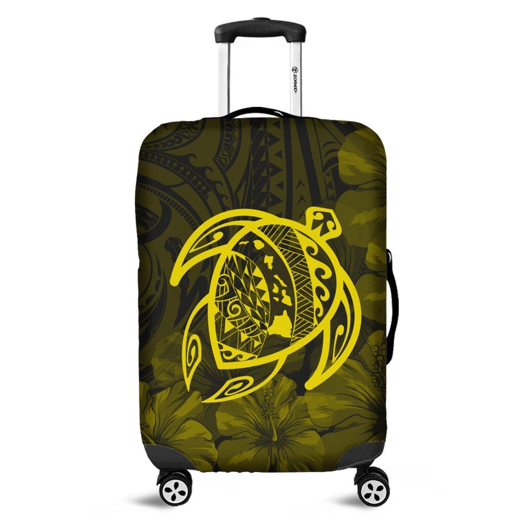 Hawaiian Map Turtle Kanaka Hibiscus Polynesian Luggage Covers - Yellow - AH Black - Polynesian Pride