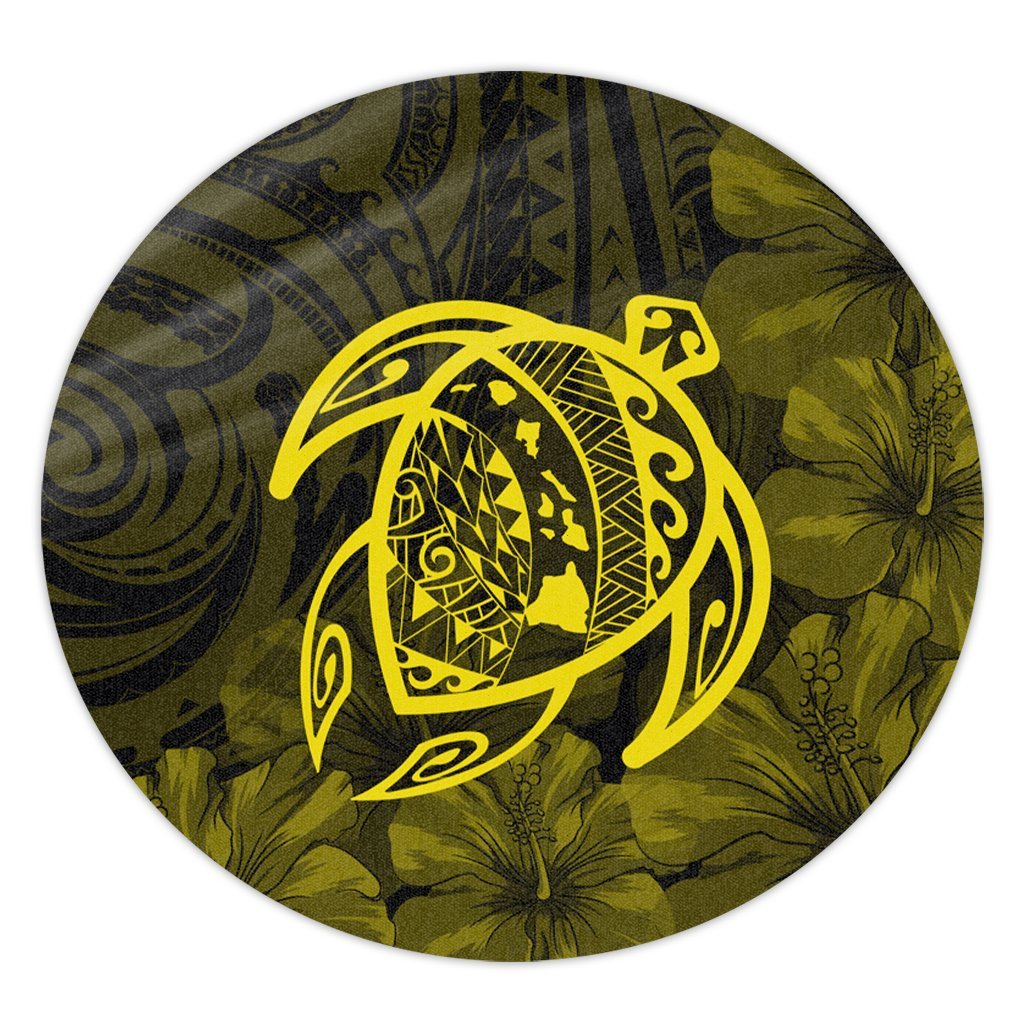 Hawaiian Map Turtle Kanaka Hibiscus Polynesian Round Carpet - Yellow - AH Round Carpet Luxurious Plush - Polynesian Pride