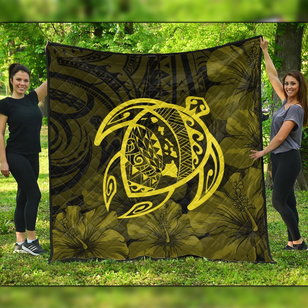 Hawaiian Map Turtle Kanaka Hibiscus Polynesian Premium Quilts - Yellow - AH Black - Polynesian Pride