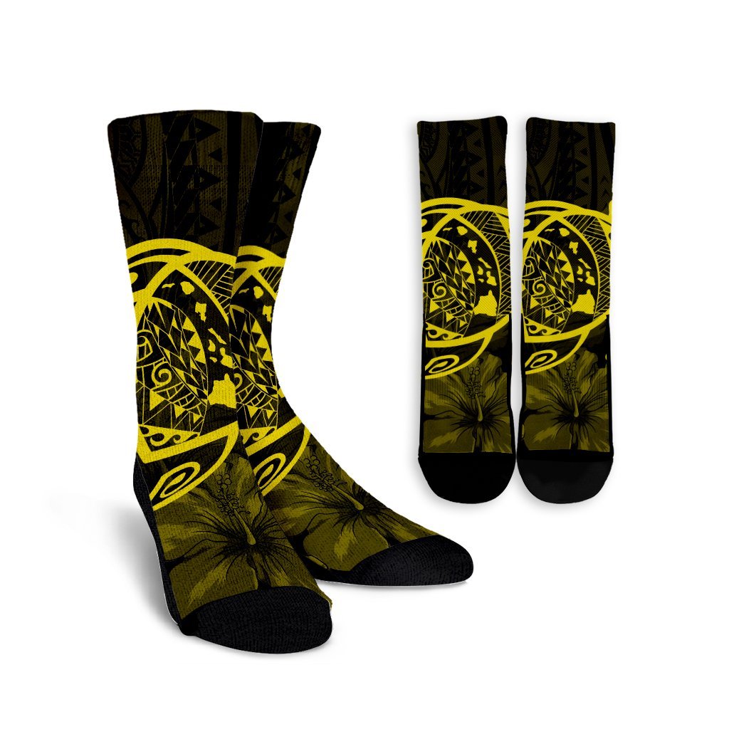 Hawaiian Map Turtle Kanaka Hibiscus Polynesian Crew Socks - Yellow - AH Crew Socks White - Polynesian Pride
