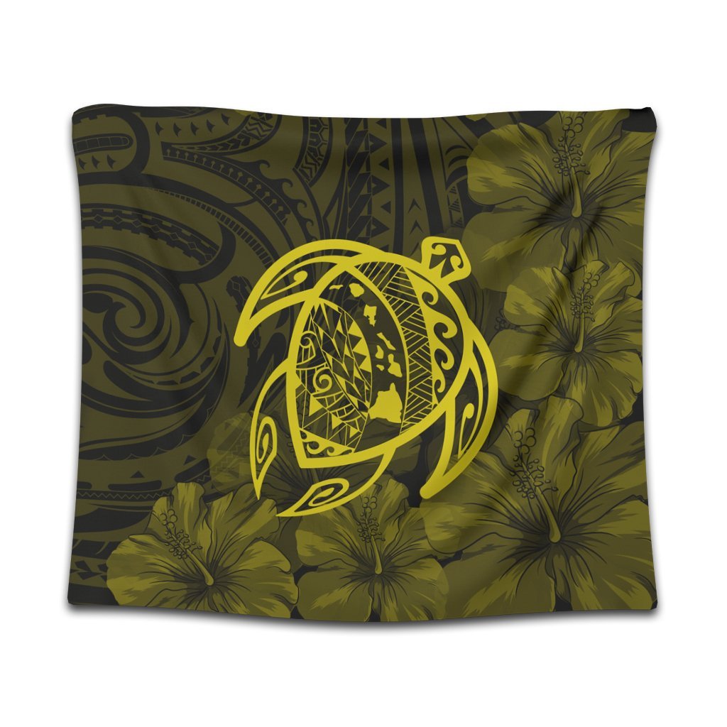 Hawaiian Map Turtle Kanaka Hibiscus Polynesian Tapestry - Yellow - AH Wall Tapestry Black - Polynesian Pride