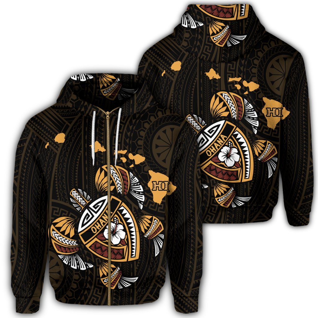 Hawaiian Map Turtle Ohana Hibicus Polynesian Zip Hoodie Unisex Art - Polynesian Pride