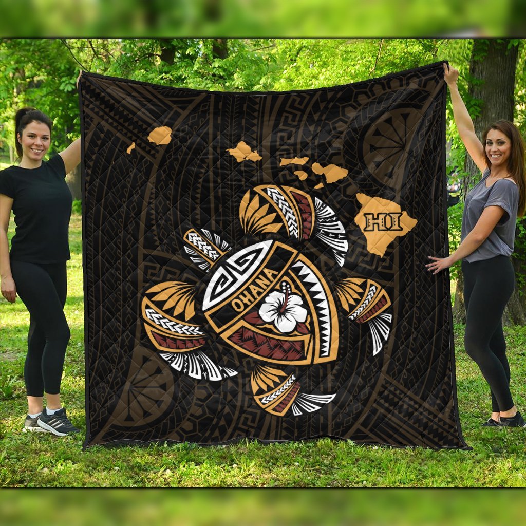 Hawaiian Map Turtle Ohana Hibicus Polynesian Premium Quilts - AH Black - Polynesian Pride