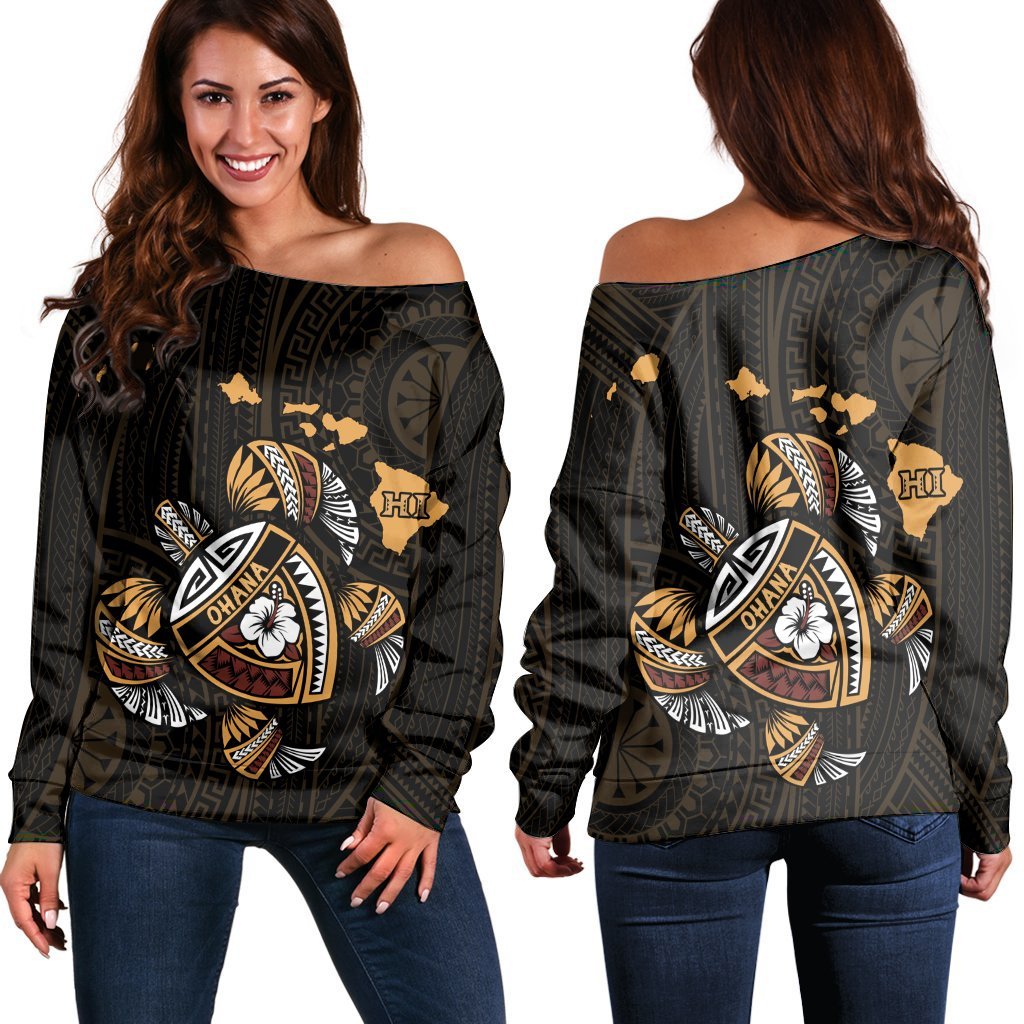 Hawaiian Map Turtle Ohana Hibicus Polynesian Women's Off Shoulder Sweater - AH Black - Polynesian Pride