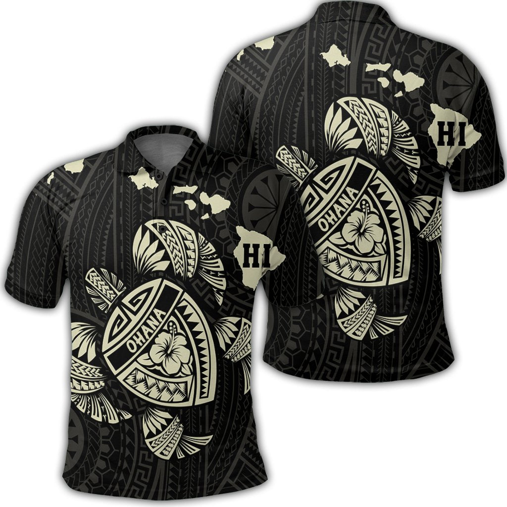 Hawaiian Map Turtle Ohana Hibicus Polynesian Polo Shirt Beige Unisex Black - Polynesian Pride