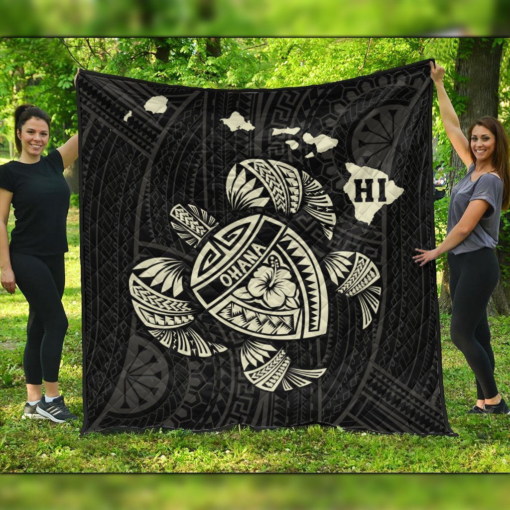 Hawaiian Map Turtle Ohana Hibicus Polynesian Premium Quilts - Beige - AH Black - Polynesian Pride