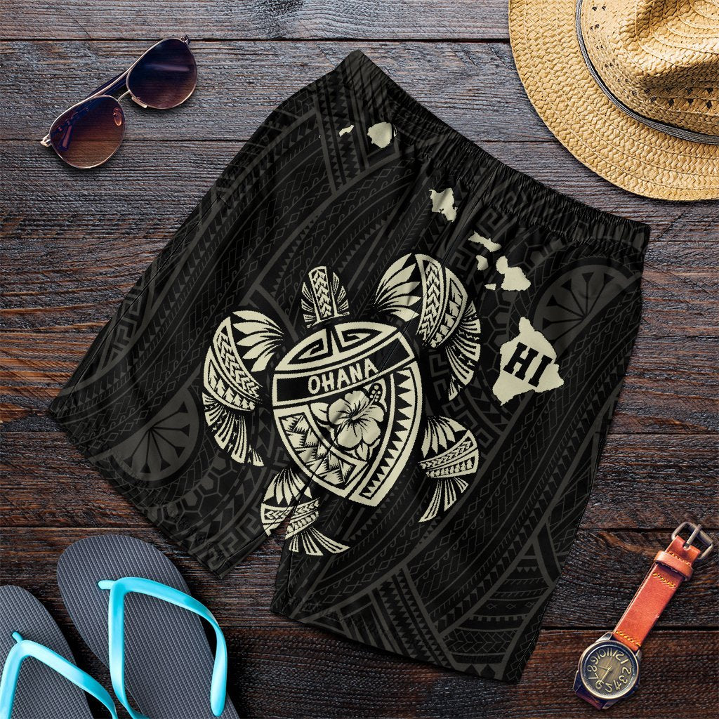 Hawaiian Map Turtle Ohana Hibicus Polynesian Men's Shorts - Beige - AH Art - Polynesian Pride