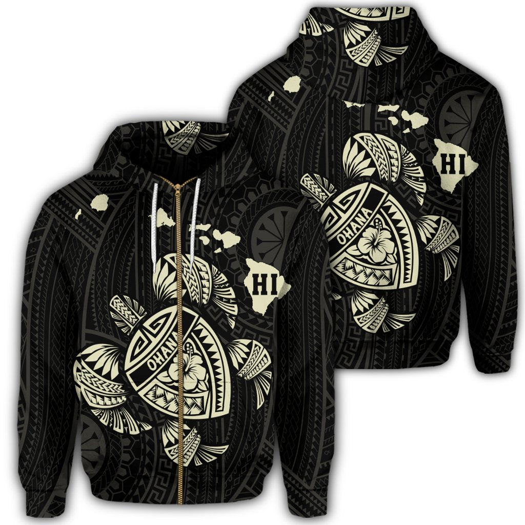 Hawaiian Map Turtle Ohana Hibicus Polynesian Zip Hoodie Beige Unisex Art - Polynesian Pride