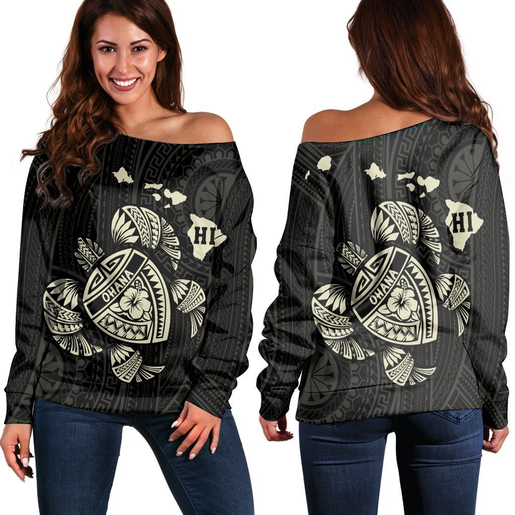 Hawaiian Map Turtle Ohana Hibicus Polynesian Women's Off Shoulder Sweater - Beige - AH Black - Polynesian Pride