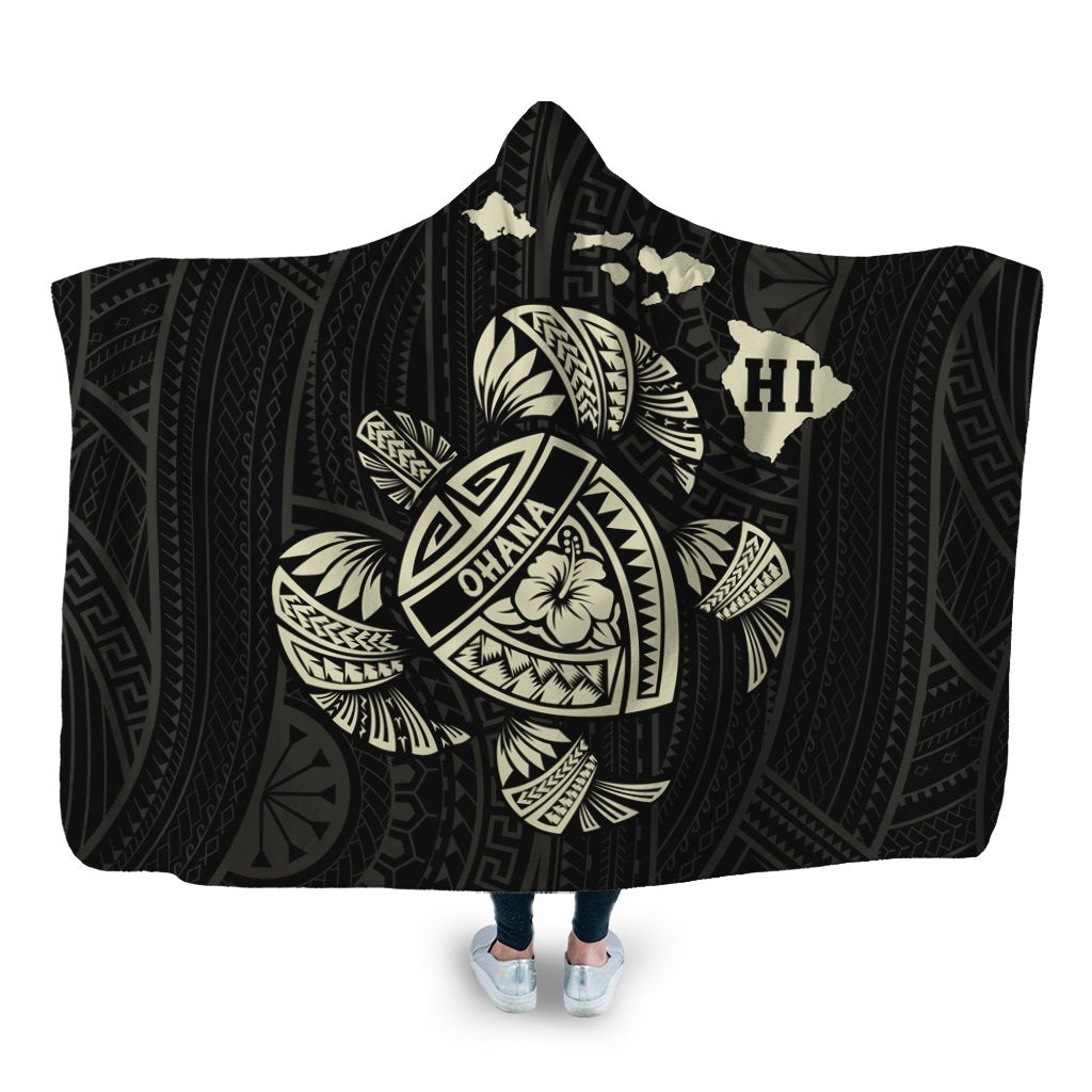 Hawaiian Map Turtle Ohana Hibicus Polynesian Hooded Blanket - Beige - AH Hooded Blanket White - Polynesian Pride