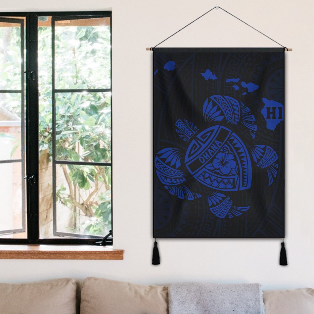 Hawaiian Map Turtle Ohana Hibicus Polynesian Hanging Poster - Blue - AH - Polynesian Pride