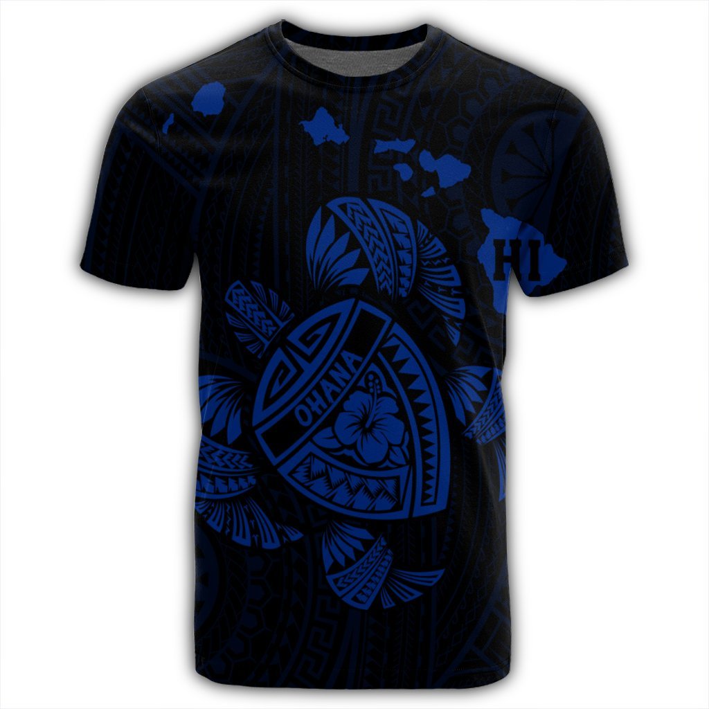 Hawaiian Map Turtle Ohana Hibicus Polynesian T Shirt Blue AH - Polynesian Pride