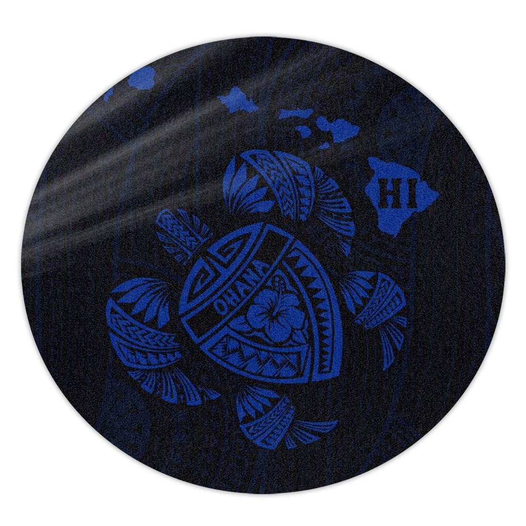 Hawaiian Map Turtle Ohana Hibicus Polynesian Round Carpet - Blue - AH Round Carpet Luxurious Plush - Polynesian Pride