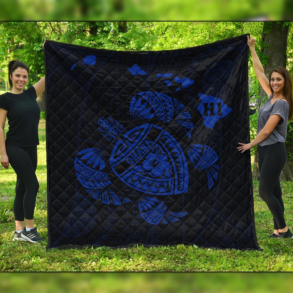 Hawaiian Map Turtle Ohana Hibicus Polynesian Premium Quilts - Blue - AH Black - Polynesian Pride