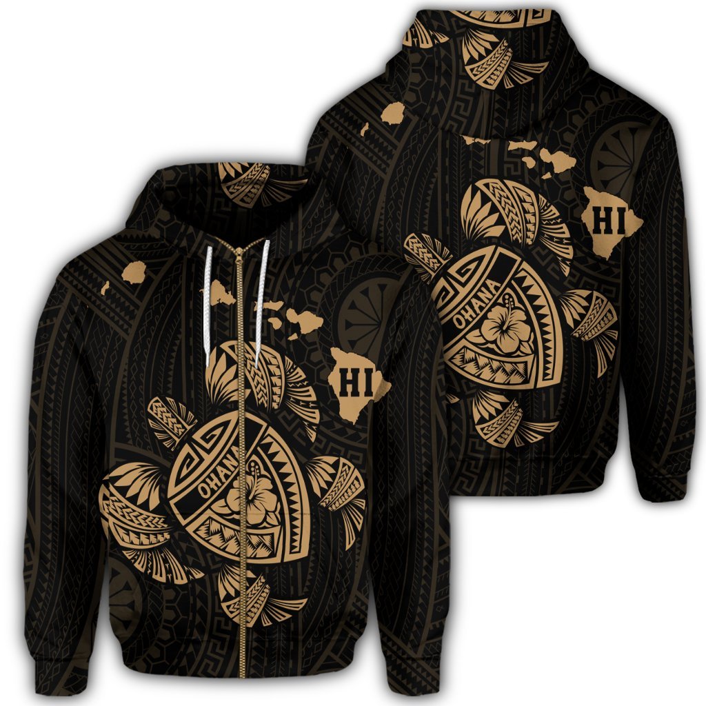 Hawaiian Map Turtle Ohana Hibicus Polynesian Zip Hoodie Gold Unisex Art - Polynesian Pride