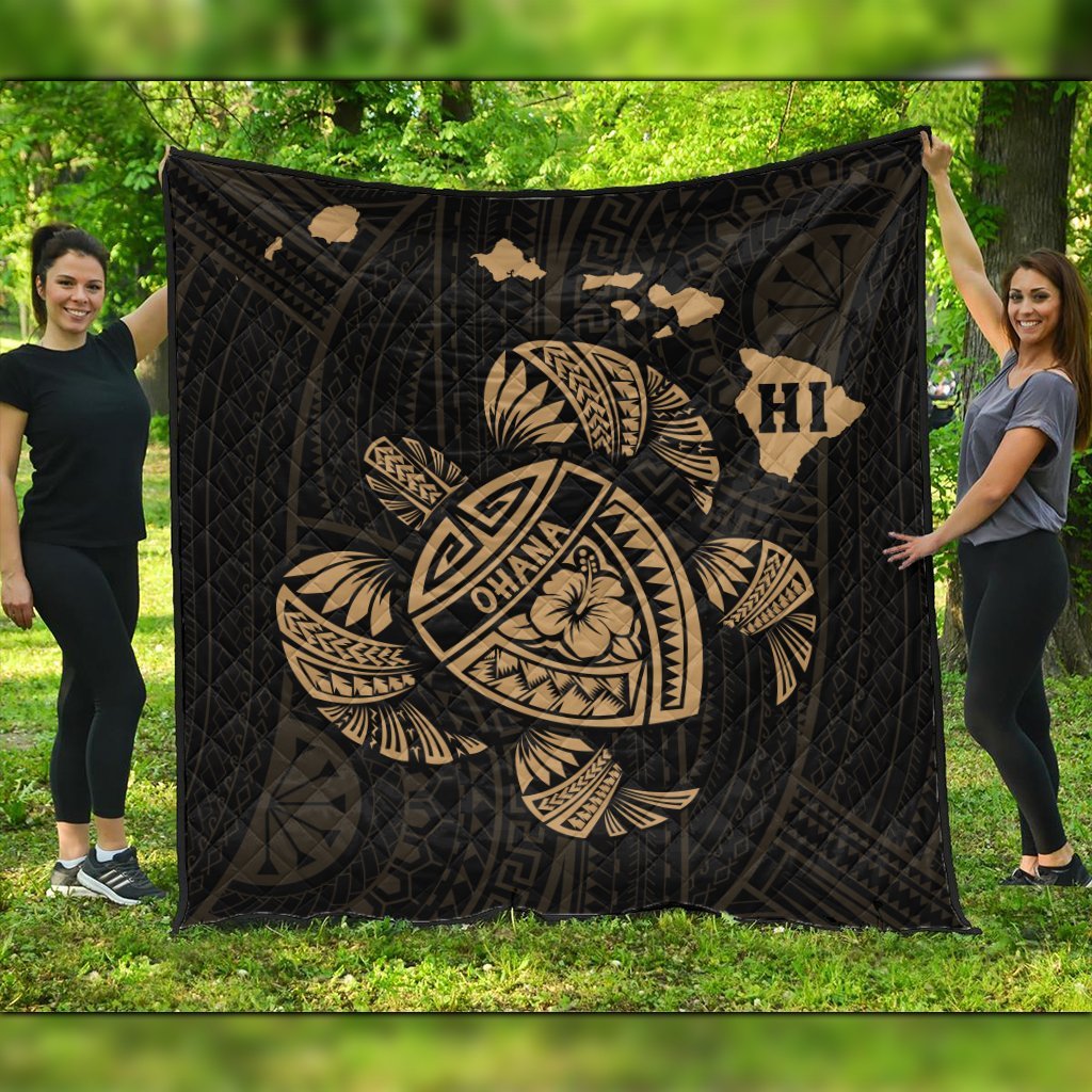 Hawaiian Map Turtle Ohana Hibicus Polynesian Premium Quilts - Gold - AH Black - Polynesian Pride