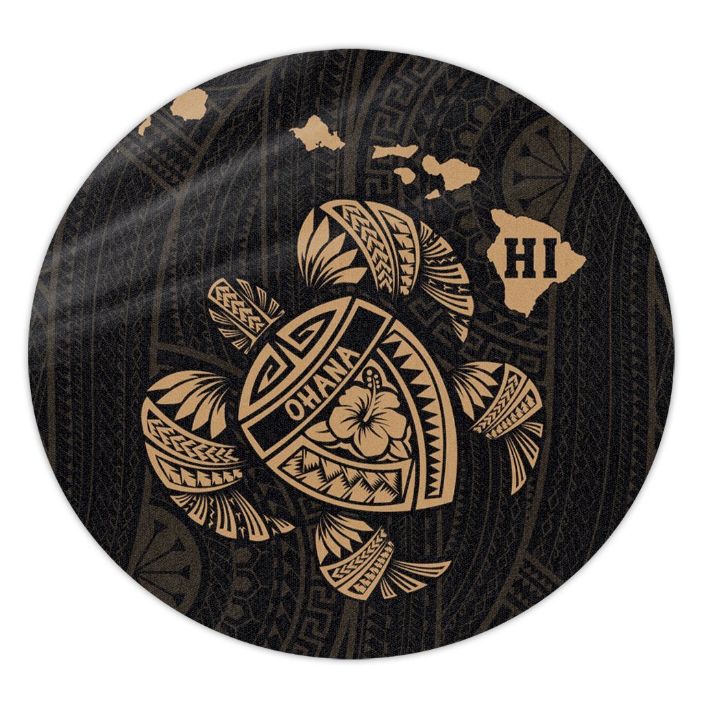 Hawaiian Map Turtle Ohana Hibicus Polynesian Round Carpet - Gold - AH Round Carpet Luxurious Plush - Polynesian Pride